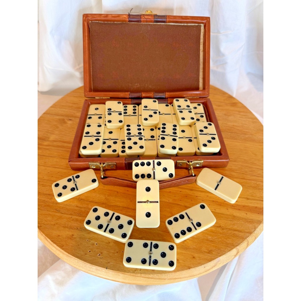 Vintage 28 Piece Double Six Dominoes Brass Spinners Faux Leather Case Travel Set